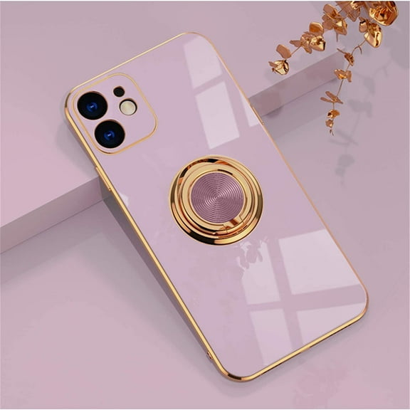 Electroplated Magnetic Ring Holder Case, 360 Degree with Rotation Metal Finger Ring Holder Magnet Car Holder Soft Silicone Shockproof Cover for iPhone 13 6.1 inch - Purple