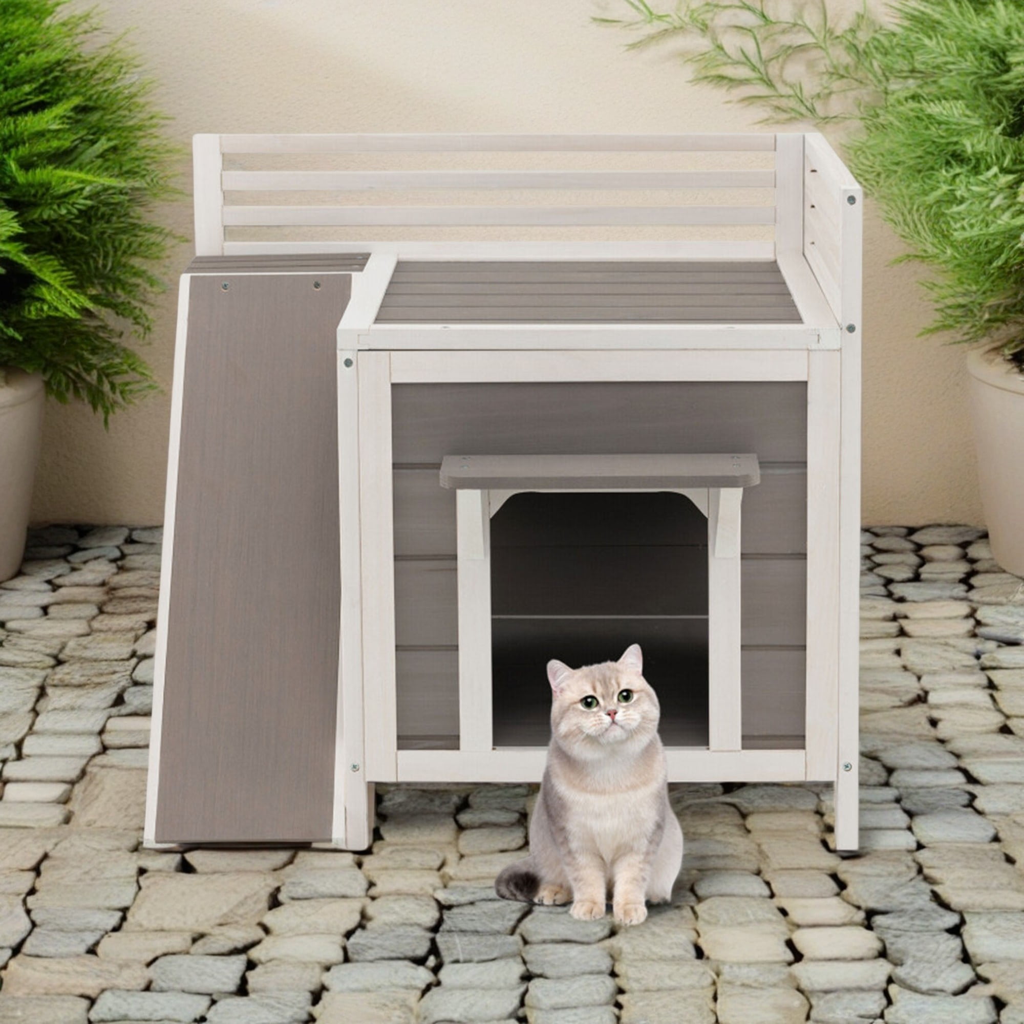 resenkos 27" Outdoor Cat House, Wood Cat Condo for Small Cats, Weatherproof Cat Shelter with Escape Door, Gray