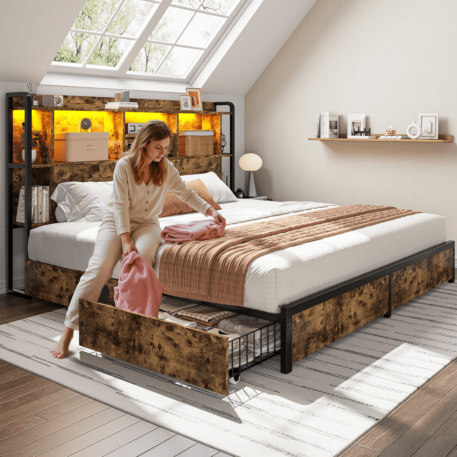 EnHomee Metal Bed Frame with 4 Storage Drawers King Size Bed Frame with Storage Headboard & 3-Tier Shelf & Charge Station, Rustic Brown