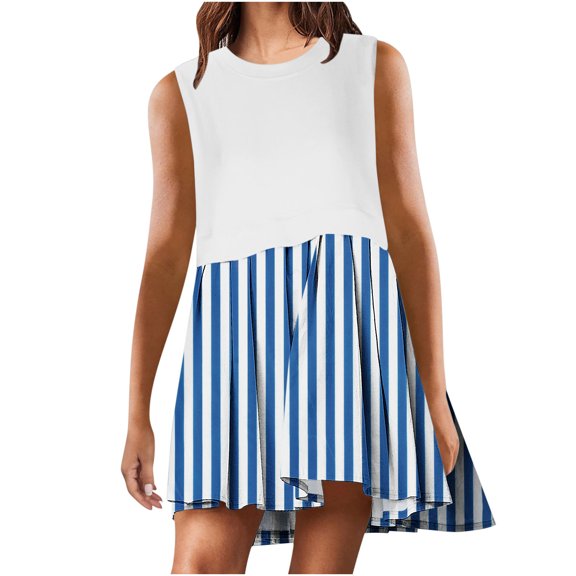 Plus Size Dresses for Women 2026 Fashion Casual Loose Solid Patchwork Pleated Sleeveeless Round Dress
