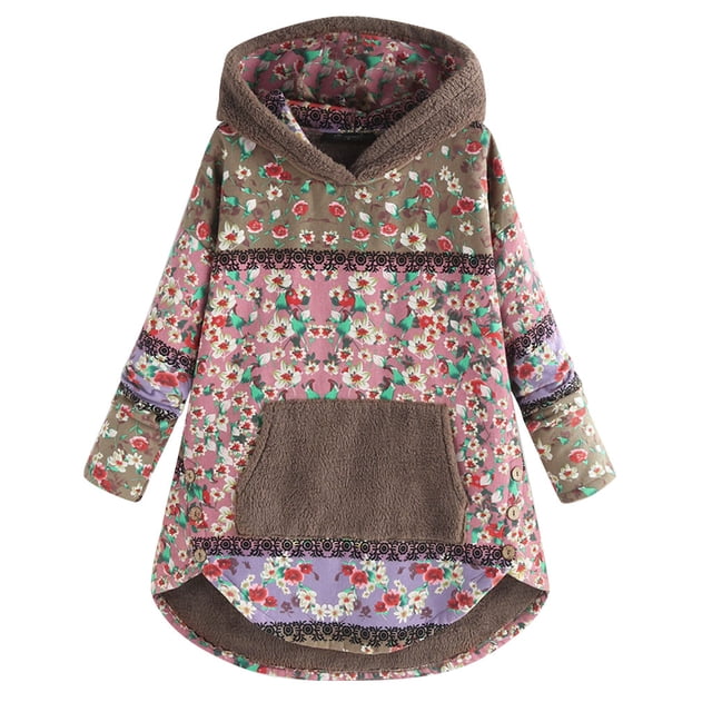 Veste pour Femmes Imprimé Floral Patchwork Manches Longues avec Capuche et Poches Grande Taille Confortable