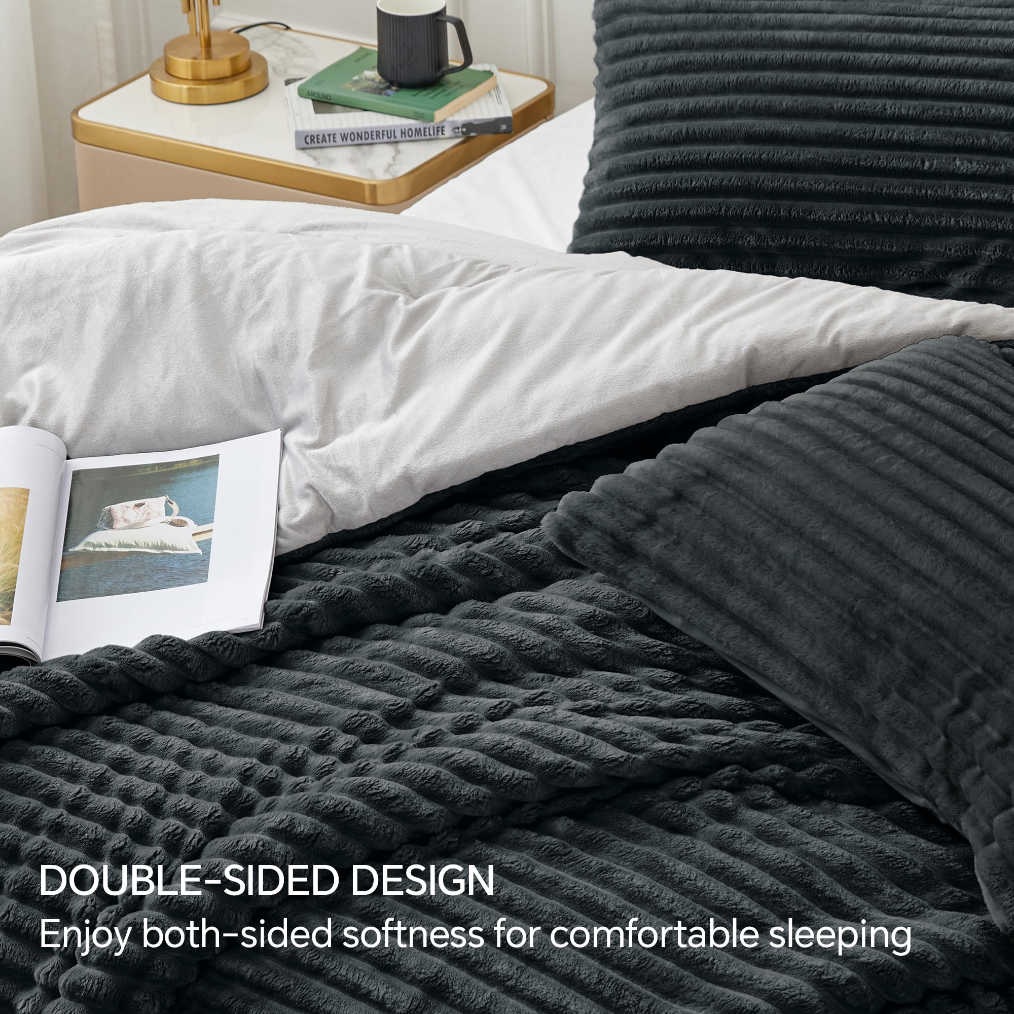 BEDELITE Fleece Queen Comforter Set -Super Soft & Warm Fluffy Black Bedding, Luxury Fuzzy Heavy Bed Set for Winter with 2 Pillow Cases