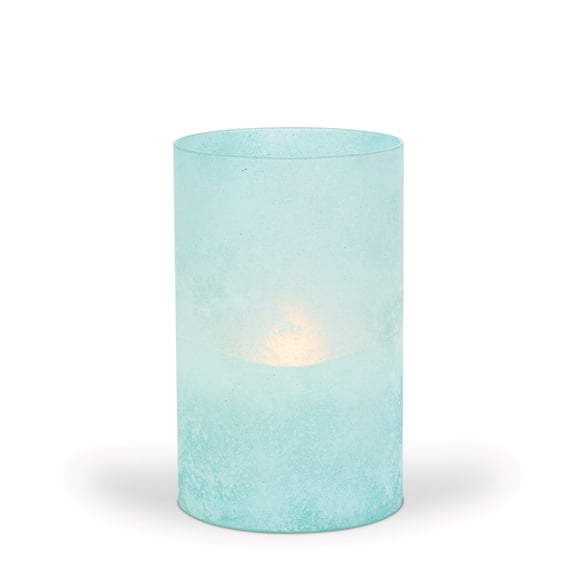 LED 5"D X 8"H Hand-Poured Wax Candle In Blue Frosted Glass. Next Gen LED Flame Patented Technology w/ Adjustable Brightness Control. 2 C Batteries (Not Included). Multi Timer Function, 4, 6 & 8 hour.