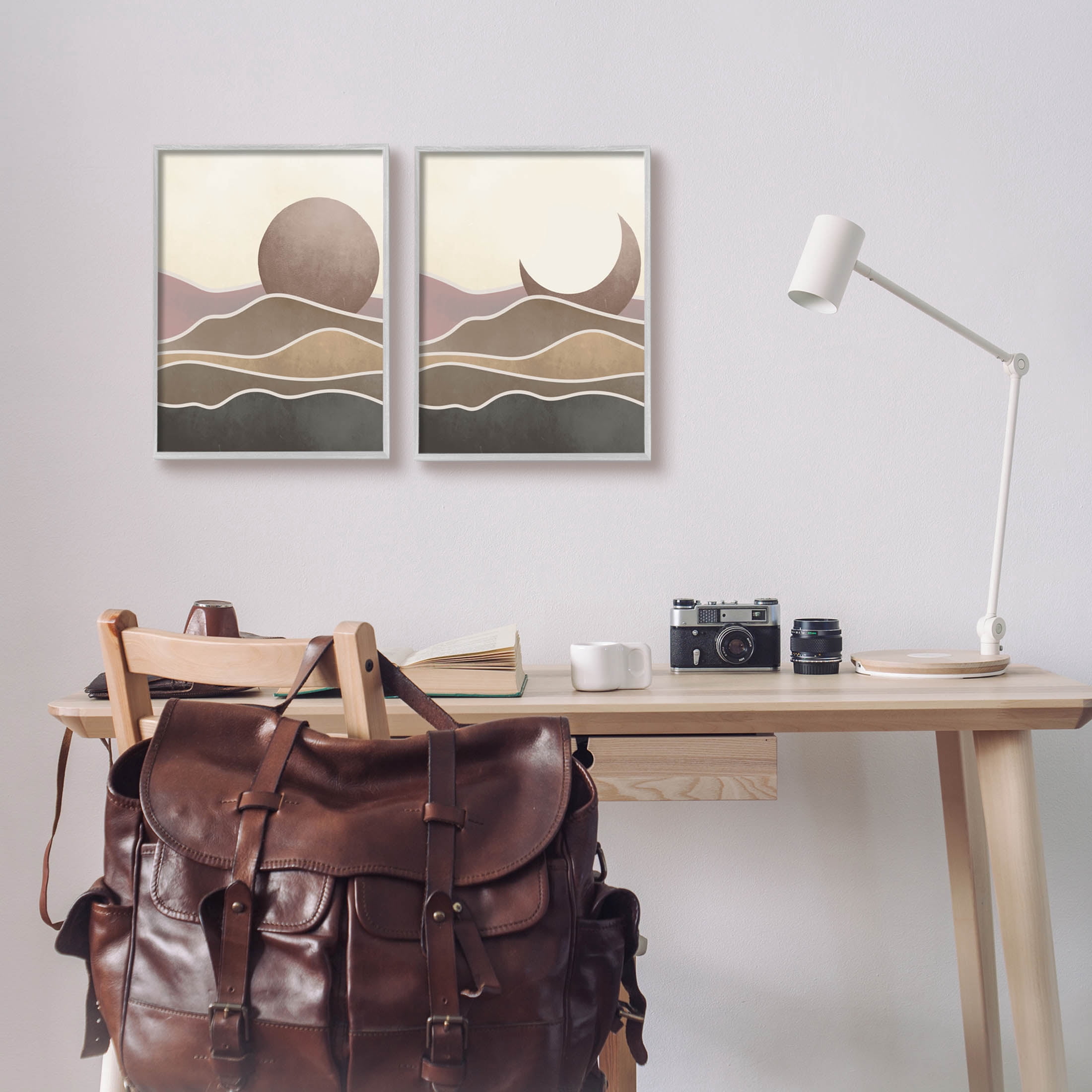 Neutral Toned Landscape Sun Moon Landscape Graphic Art Gray Framed Art Print Wall Art, Set of 2