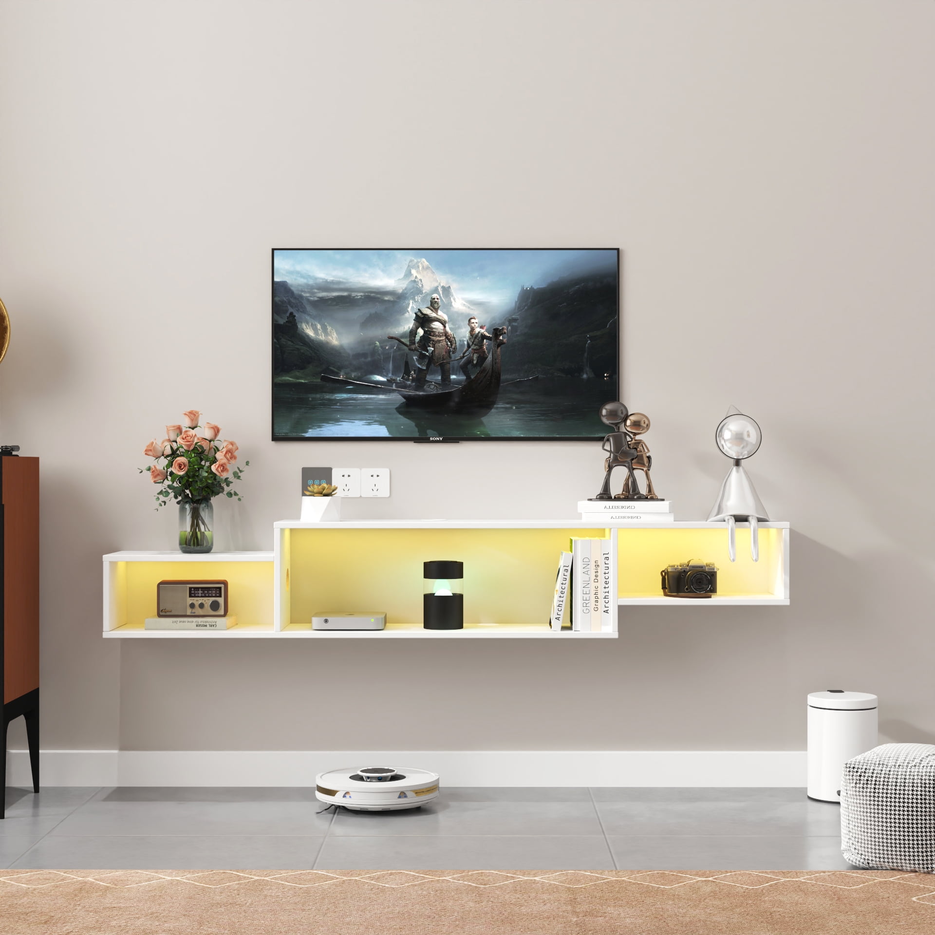 Mintazer Floating Wall Shelf with LED Lights, 3-Section Wall-Mounted Display Shelf, White