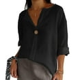 thumbnail image 4 of Black Tshirts for Women Linen Shirts for Women Summer Cotton Linen V Neck 3/4 Sleeve Tops Loose Vacation Beach Solid Blouses Tunic Tops Going Out Tops for Women, 4 of 5
