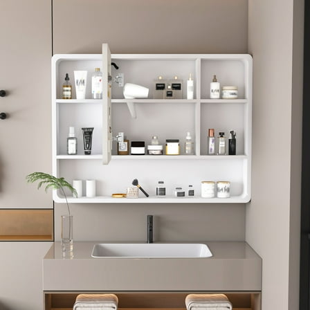 Aluminium Medicine Cabinet Mirror, 35 x 28 Inches Medicine Cabinet with 3 Colors LED Light and Defogging Function, Bathroom Mirror Cabinet with Cosmetic Storage Rack and Hair Dryer Holder, White