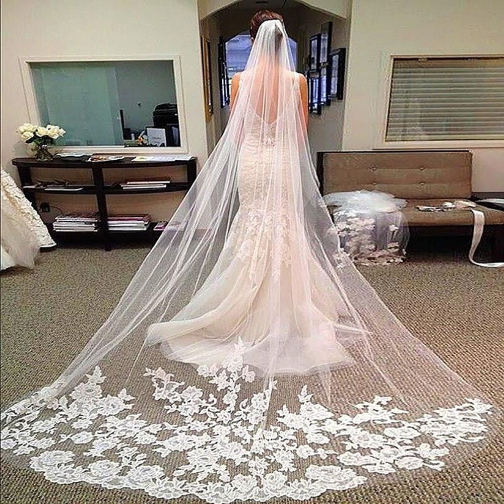 White/Ivory Wedding Veil Short Bridal Lace Applique Beading Custom With comb 