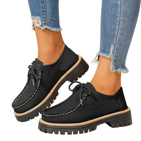 Rokment Womens Vintage Fashion Sneakers 2026 Spring Fall Suede Leather Lace up Chunky Mid Heel Casual Oxfords Dress Loafers Walking Shoes Black Size 6