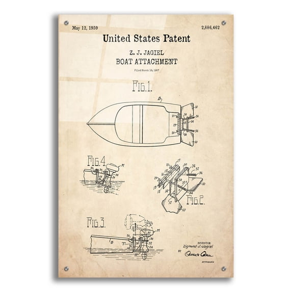 Epic Art 'Boat Attachment Blueprint Patent Parchment,' Acrylic Glass Wall Art, 24"x36"
