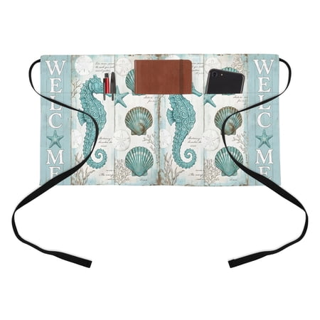 Welcome Me Seahorse Half Waist Apron Summer Ocean Green Starfish Shell Coral Wood Grain Short Waiter Aprons with 3 Pockets for Women Men Kitchen Restaurant Cooking
