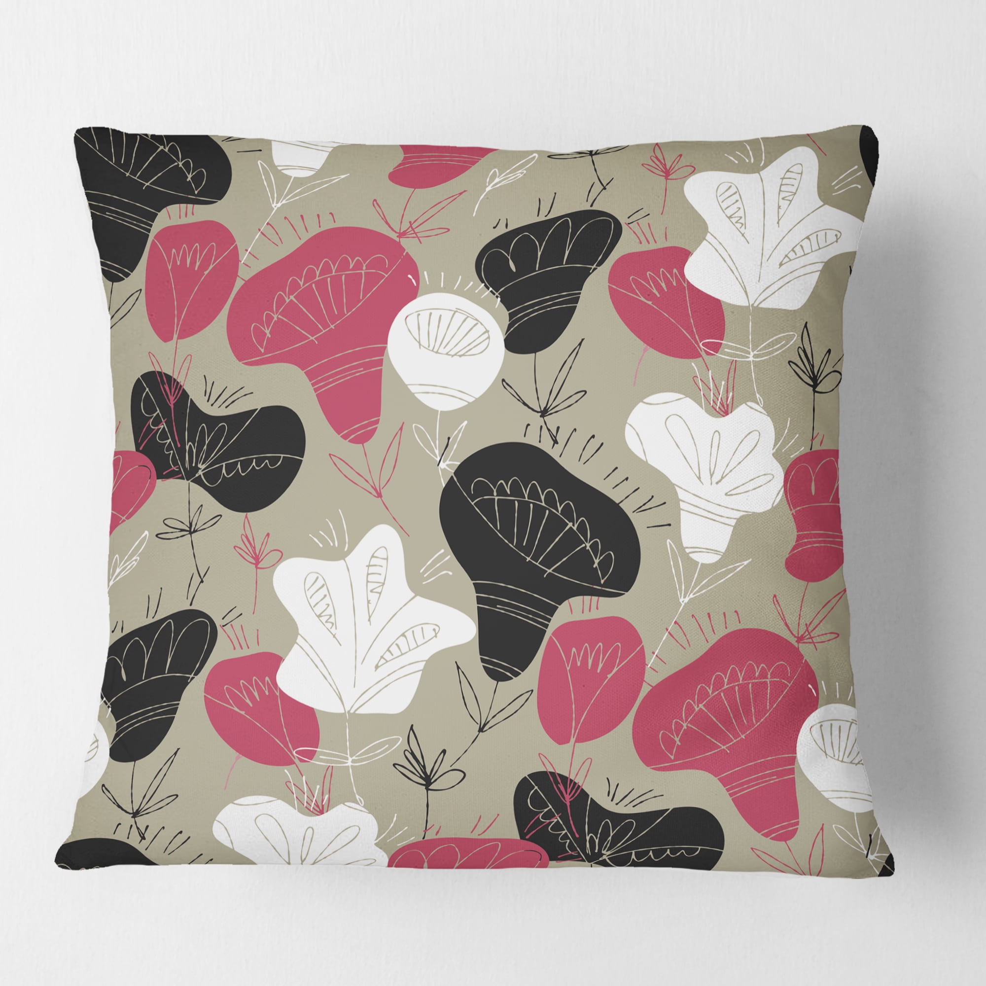 Designart Folk flowers hand drawn pattern' Mid-Century Modern Throw Pillow - 18x18