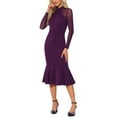 thumbnail image 2 of INSPIRE CHIC Women's Dress Mermaid Bodycon Mock Neck Sheer Mesh Long Sleeve Dresses L Dark Purple, 2 of 6