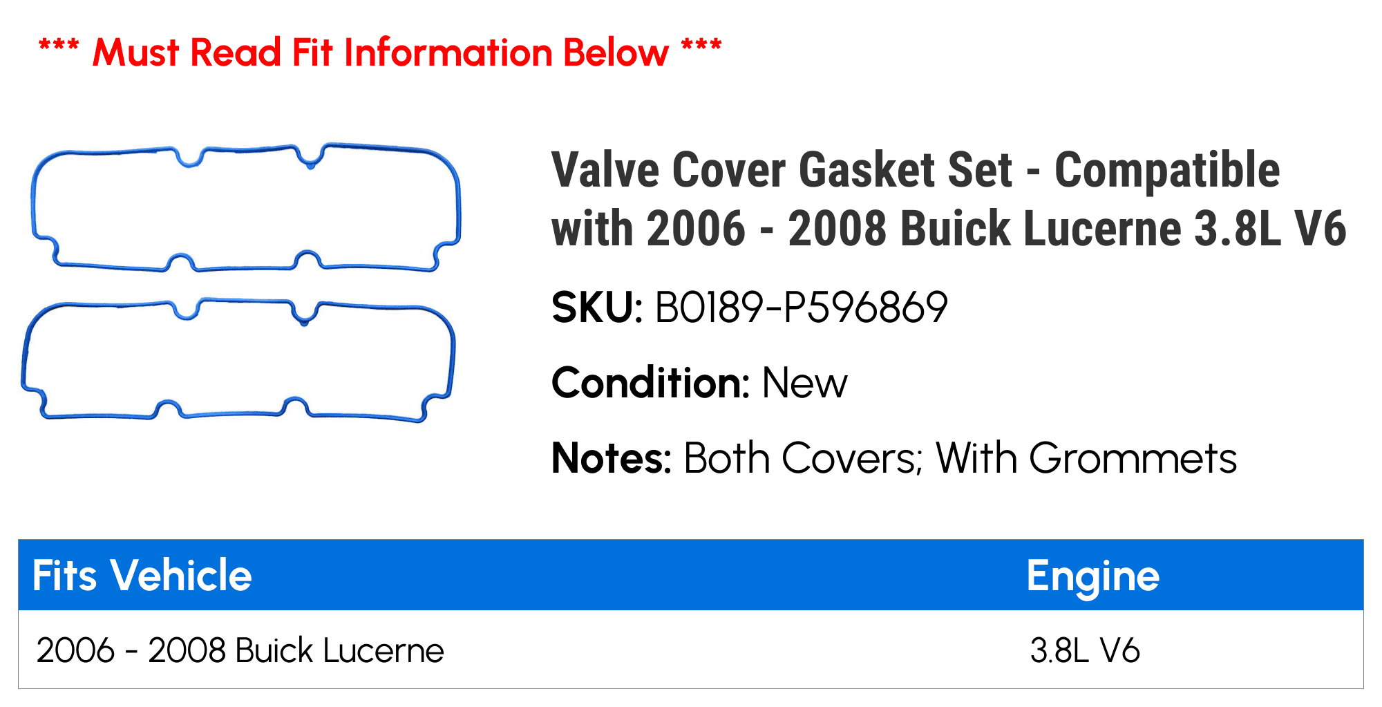 Valve Cover Gasket Set - Compatible with 2006 - 2008 Buick Lucerne 3.8L V6 2007