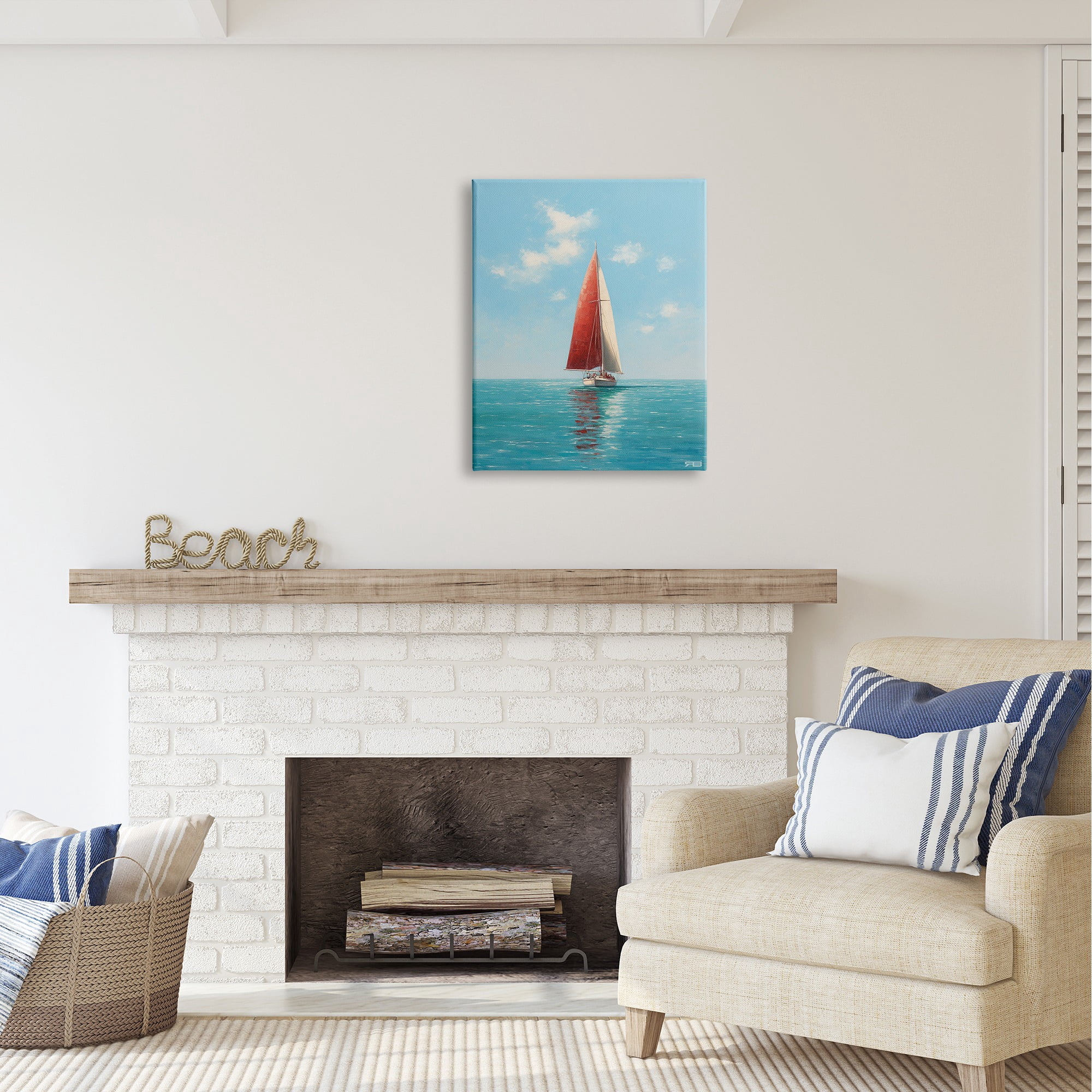 Stupell Industries Red Sailboat on Sea Transportation Painting Gallery Wrapped Canvas Art Print Wall Art, 24 x 30