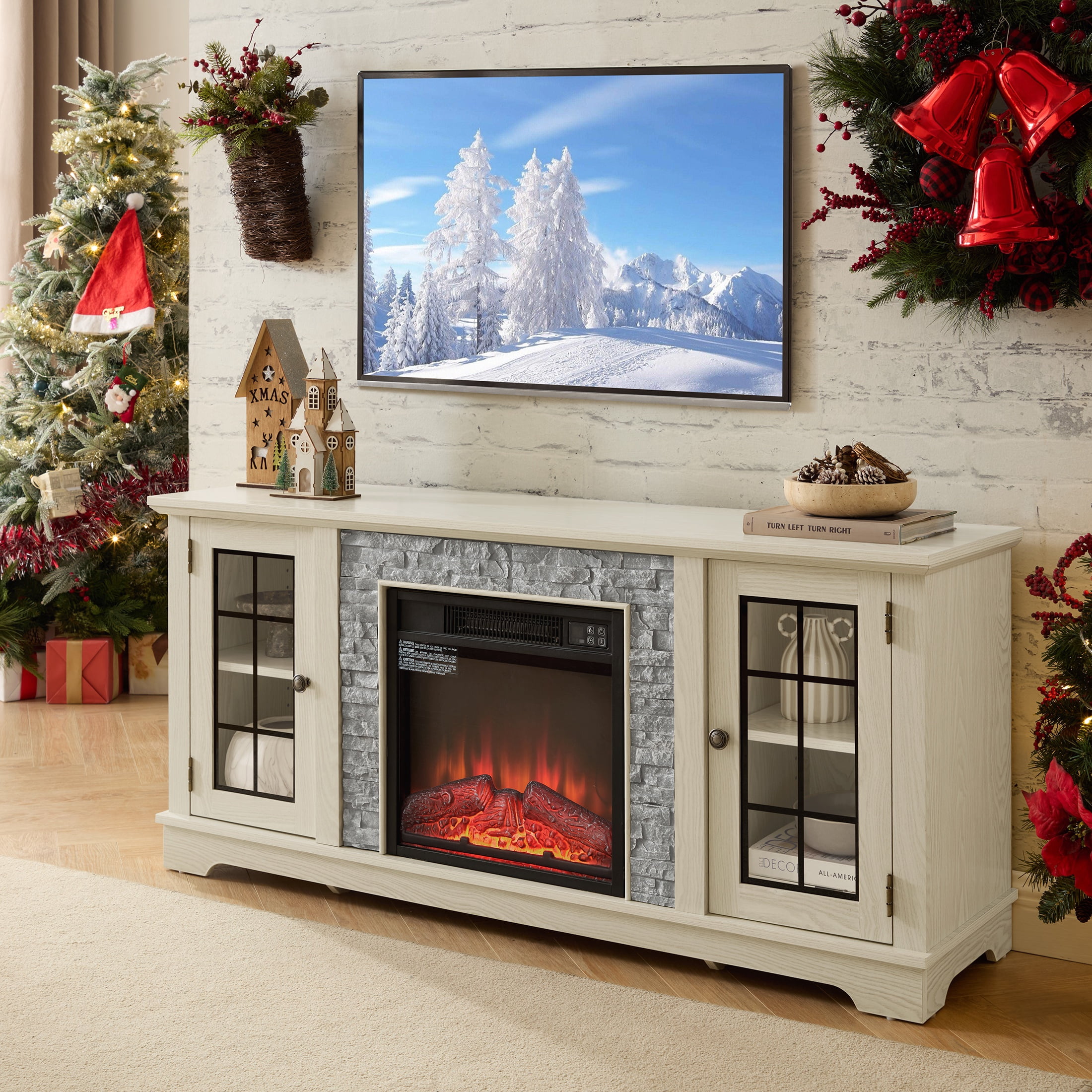Electric Fireplace TV Stand for 65″ TVs, UHOMEPRO Fireplace Entertainment Center TV Console Table with 18″ Fireplace, 2-Door Storage Cabinets, Holds up to 200 lbs, White