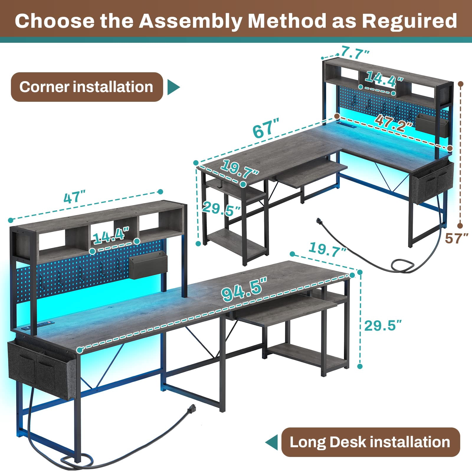 L-Shaped Desk with Hutch & Pegboard, Corner Gaming Desk with LED Lights & Charging Station for Bedroom, Dark Gray