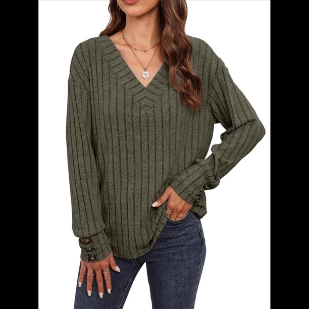 Camisas Tipo Túnica de Punto con Cuello en V, Larga y Botones Decorativos, Informales, Lisas, Suaves para Mujer Verde M
