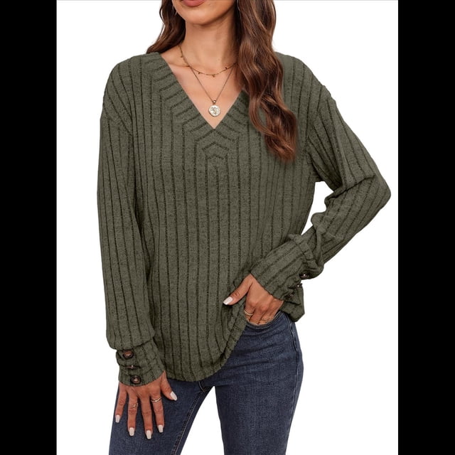 Camisas Tipo Túnica de Punto con Cuello en V, Larga y Botones Decorativos, Informales, Lisas, Suaves para Mujer Verde S