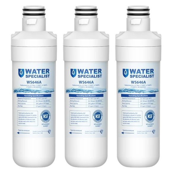 Waterspecialist Filtre à Eau pour Réfrigérateur MDJ64844601, Certifié NSF, Remplacement pour LG LT1000P, LT 1000P, LT1000PC, LT1000PCS, LFXC24796S, ADQ74793501, ADQ74793502, Kenmore 46-9980, 9980 (Lot de 3)