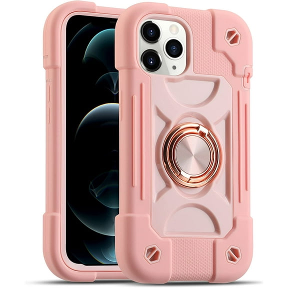 Compatible with iPhone 12/12 Pro Case 6.1 Inch with 360 Degree Rotate Ring Stand, Military Grade Drop Protection Heavy Duty Case 3 in 1 Protective Cover for iPhone 12/12 Pro. (Pink)