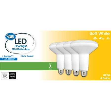 

Great Value LED Light Bulb 8W (65W Equivalent) BR30 Floodlight Lamp E26 Medium Base Dimmable Soft White 4-Pack