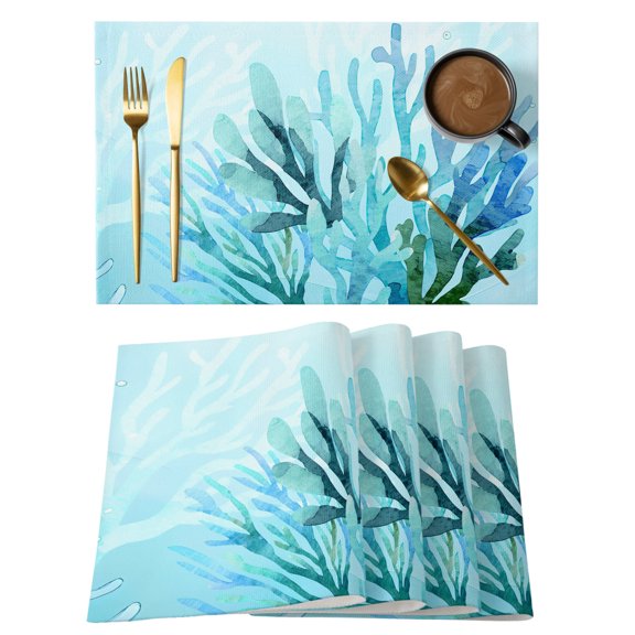 Blue Gradient Coral Placemats Set of 12, Ocean Coastal Sea Watercolor Coral Non-Slip Place Mats Washable Table Mats for Kitchen Dining Table Decorations Indoor/Outdoor