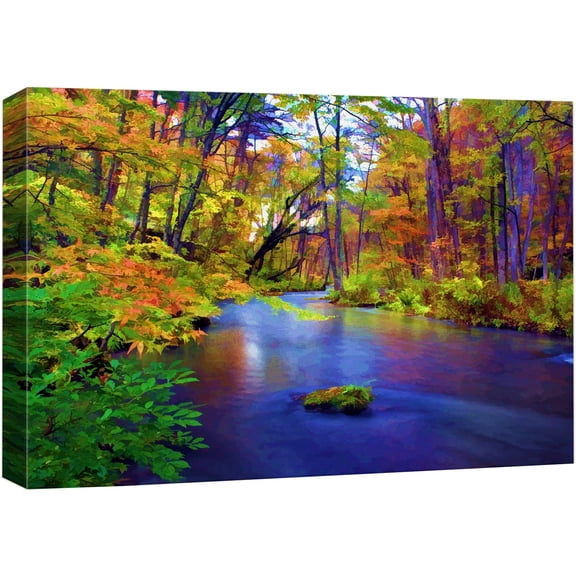 wall26 Canvas Print Wall Art Multicolor Autumn Forest with Blue River Floral Nature Illustrations Realism Bohemian Scenic Relax/Calm Cool for Living Room, Bedroom, Office - 16"x24"