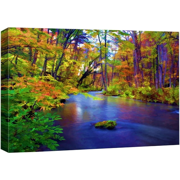 Impression sur Toile Art Mural Multicolore Forêt d'Automne avec Rivière Bleue Illustrations Florales Nature Réalisme Bohème Paysage Relax/calme Cool pour Salon, Chambre, Bureau - 12"x18 Pouces
