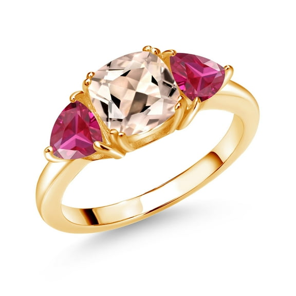 Gem Stone King 18K Yellow Gold Plated Silver Peach Morganite and Red Created Ruby 3 Stone Engagement Ring for Women (2.16 Cttw, Gemstone October Birthstone, Available in Size 5, 6, 7, 8, 9)