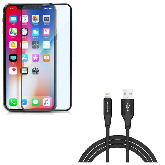 iPhone XS/X - Charger Cord 10ft USB Cable w Anti-Glare Screen Protector - Power Wire Braided Long Sync Fast Charge, Tempered Glass Matte 3D Curved Edge Anti-Fingerprint Case Friendly