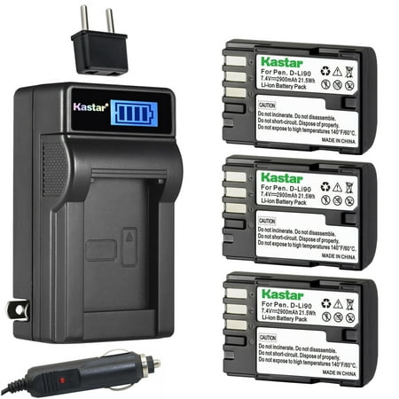Kastar 3-Pack D-Li90 Battery and LCD AC Charger Compatible with Pentax D-Li90 DLI90 DL190 Battery, Pentax D-BC90 K-BC90 Pentax 39830 39835 Charger, Pentax 645D 645Z K-01 K-1 K-3 K-5 K-7 Cameras