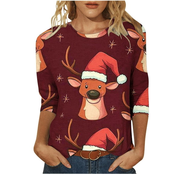 Byworldtasic Christmas Shirts for Women Plus Size Funny Printed 3/4 Sleeve Tops Round Neck Pullover Blouses S-5XL