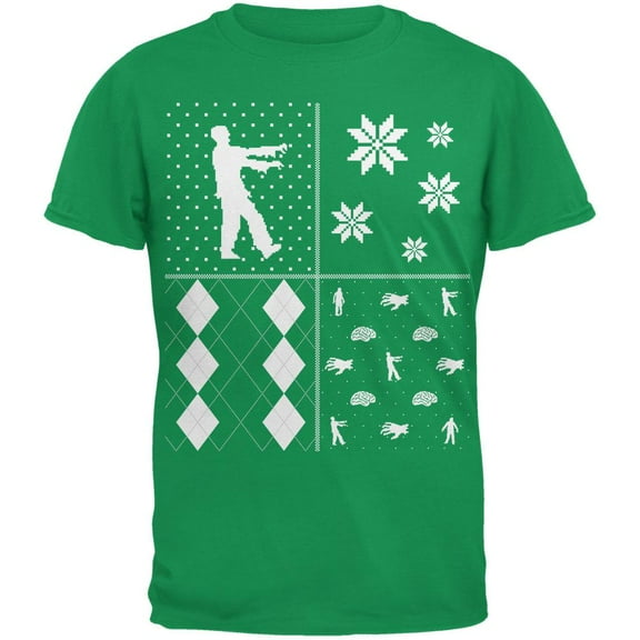 Zombies Festive Blocks Ugly Christmas Sweater Green Adult T-Shirt - Large