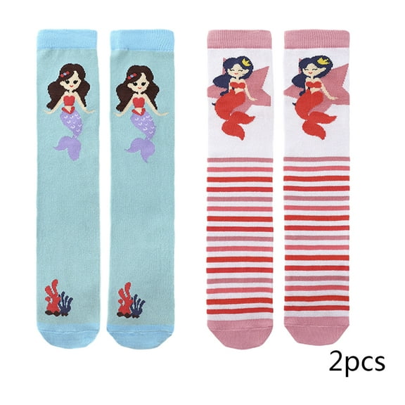 LYMAYTER Kids Girls Cotton Knee High Socks 2 Pairs Toddler Prints Mid-Calf Sock Spring Fall Soft Stacked Socks for 3-12 Years
