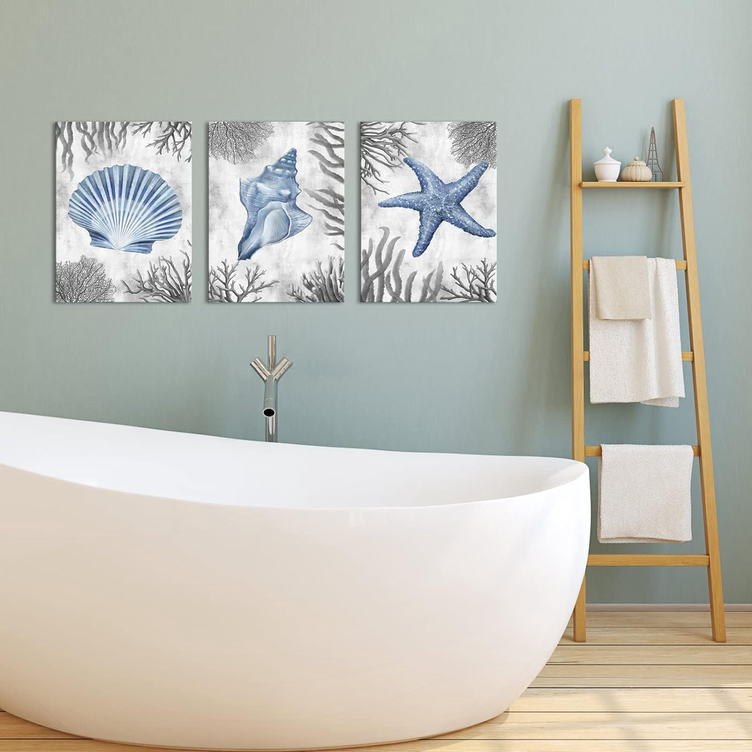 Kalormore Sea Coastal Style Canvas Wall Art Blue and Grey Starfish Shell Conch Coral Picture Prints Gallery Canvas Wrapped on Premium Wood Frame Ready to Hang for Living Room Bedroom Bathroom