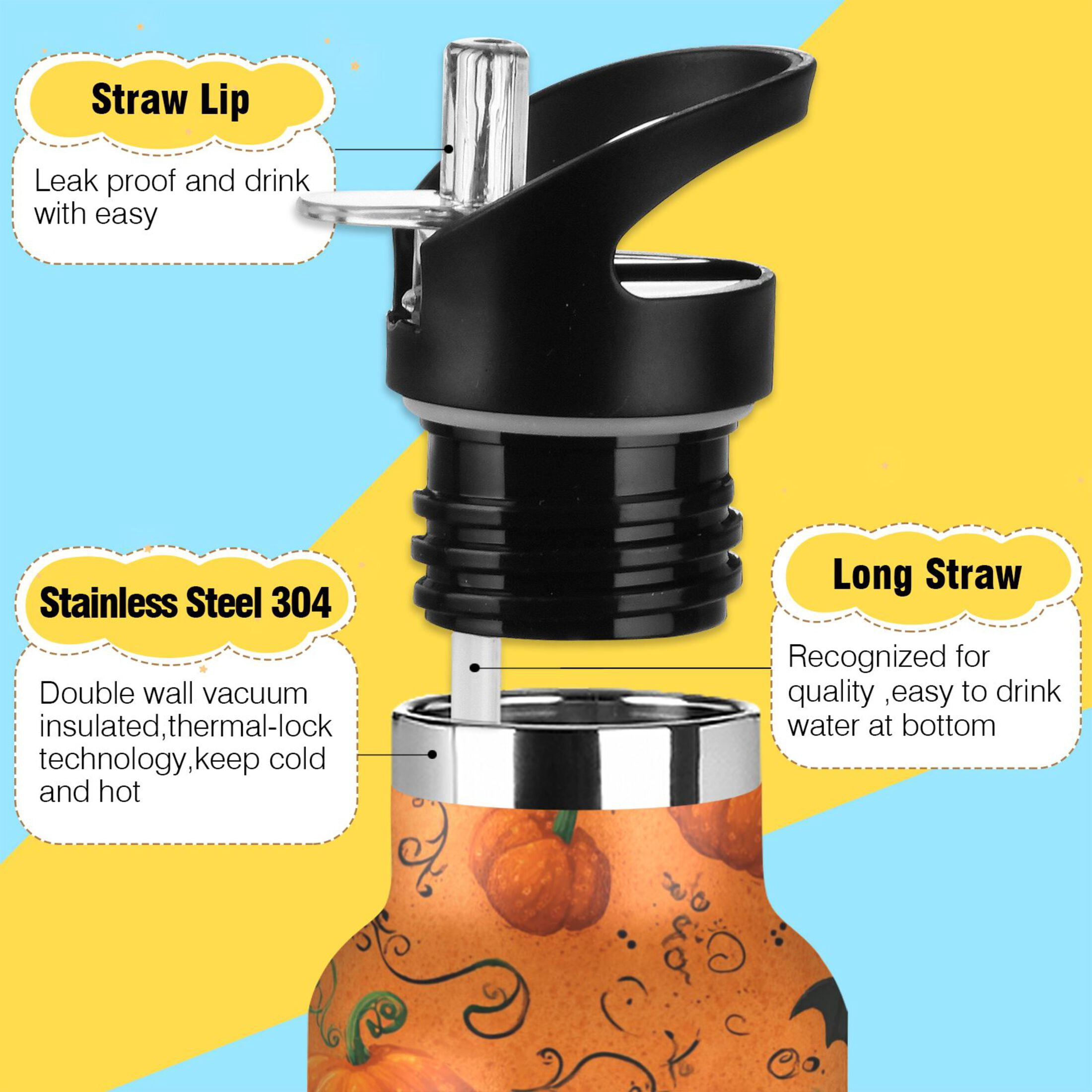 Kids Insulated Stainless Steel Sports Water Bottle 600ml (20oz) Orange Pumpkins and Bats