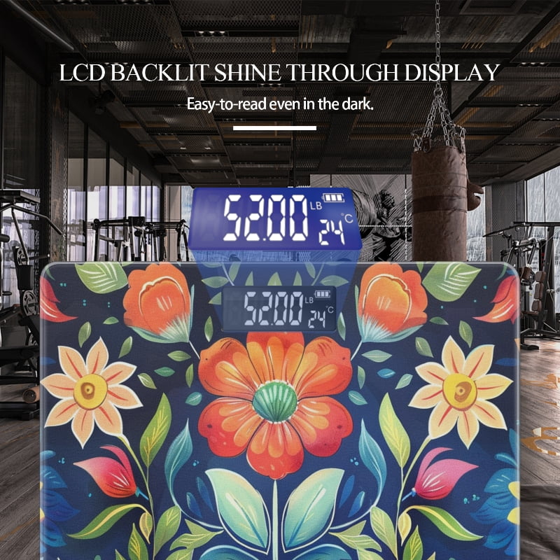 Bathroom Scale, Highly Accurate Digital Body Scale,Precisely Measures Weight up to 400 lbs-Beautiful Colorful Folk Art Floral Pattern On Dark Blue Background