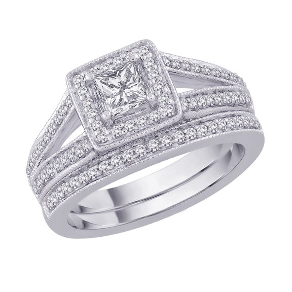 Diamond Engagement Ring with Matching Band with Princess Cut Center Stone in 14K White Gold (1 cttw)