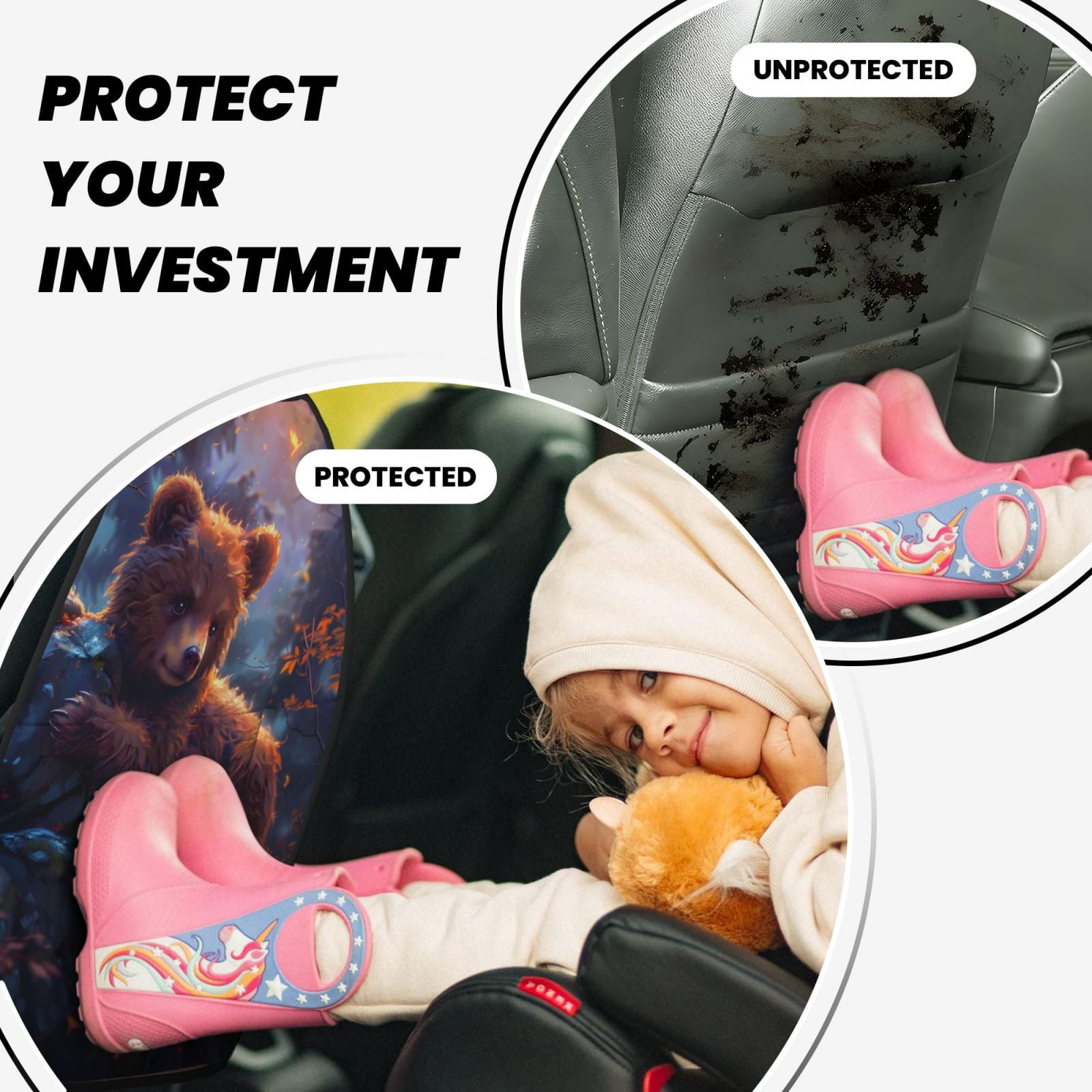 Xecao Lazy Stone Bear Pattern Car Seat Back Protector 2 Pack Large Capacity Pocket, Kick Mats Back Seat Protector