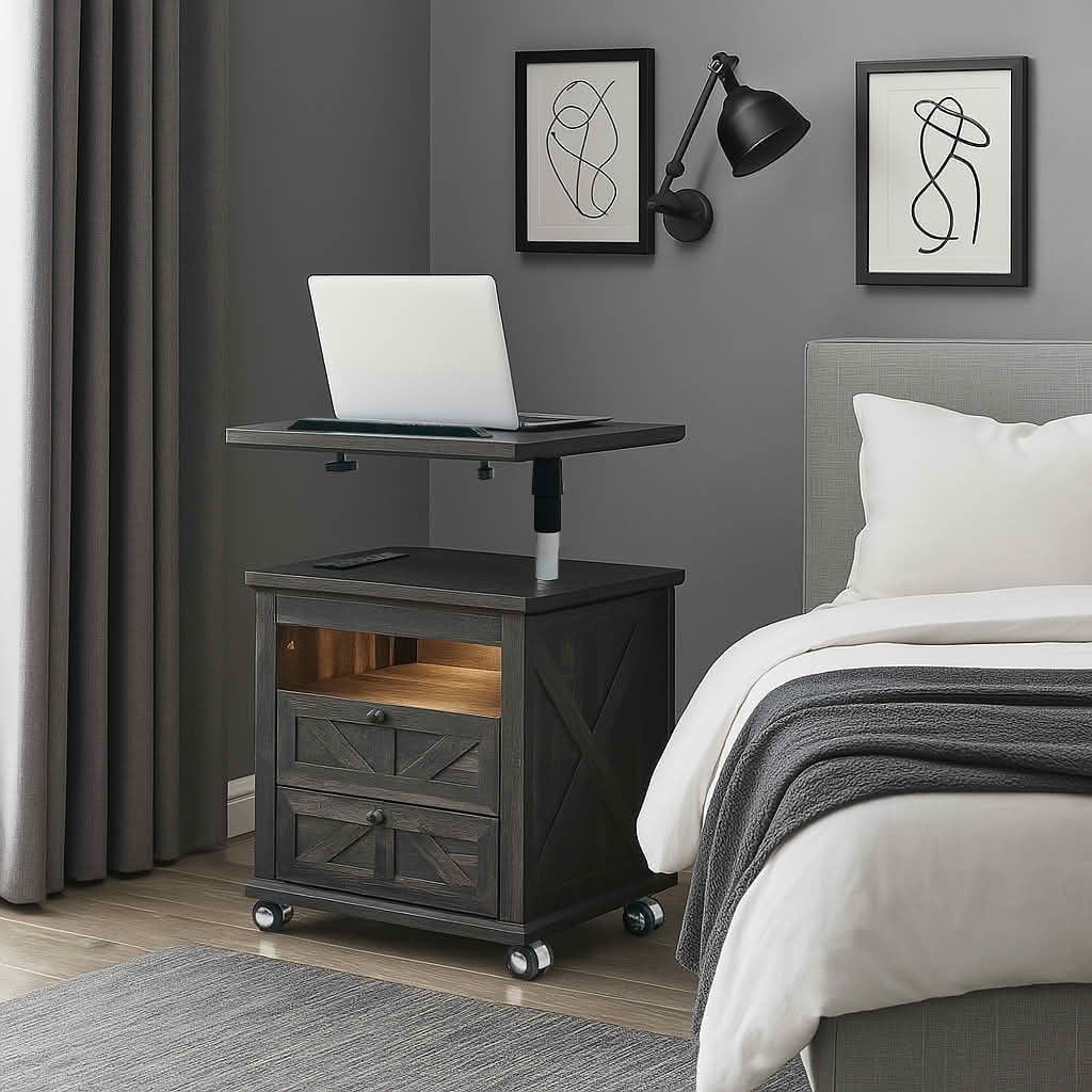 MAYEERTY Black Nightstand with Lockable Wheels, Multiple Storage Drawers USB Port for Living Room