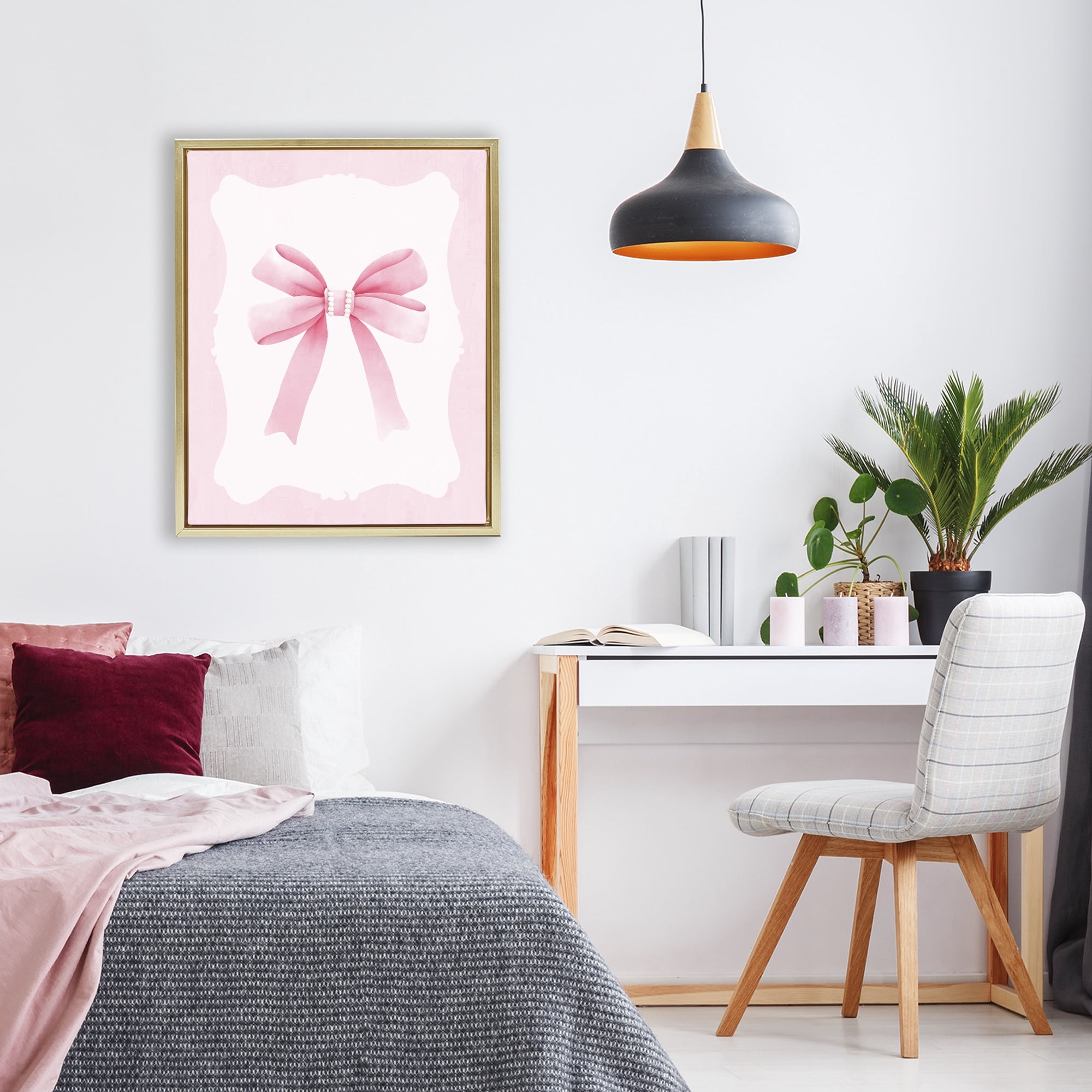 Stupell Industries Feminine Bow with Pearls Gold Framed Floater Canvas Wall Art, design by Kim Allen