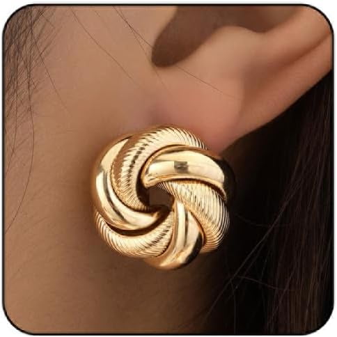 Chunky Gold Statement Stud Earrings Gold Love Knot Earrings Thick Twisted Button Knot Big Studs 14K Gold Plated Sterling Silver Posts Earring For Women Hypoallergenic Jewelry[Z1]