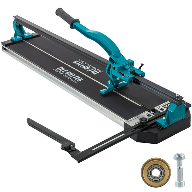 VEVOR Tile Cutter 31 inch Manual Tile Cutter with a durable aluminum frame, single rail design, and precise laser positioning. Features an ergonomic anti-skid handle, alloy cutter wheel, and accurate rulers for cutting tiles up to 31 inches in width and 0.24-0.59 inches in thickness. Suitable for ceramic and porcelain tiles. Includes accessories such as a cutter wheel and screws.