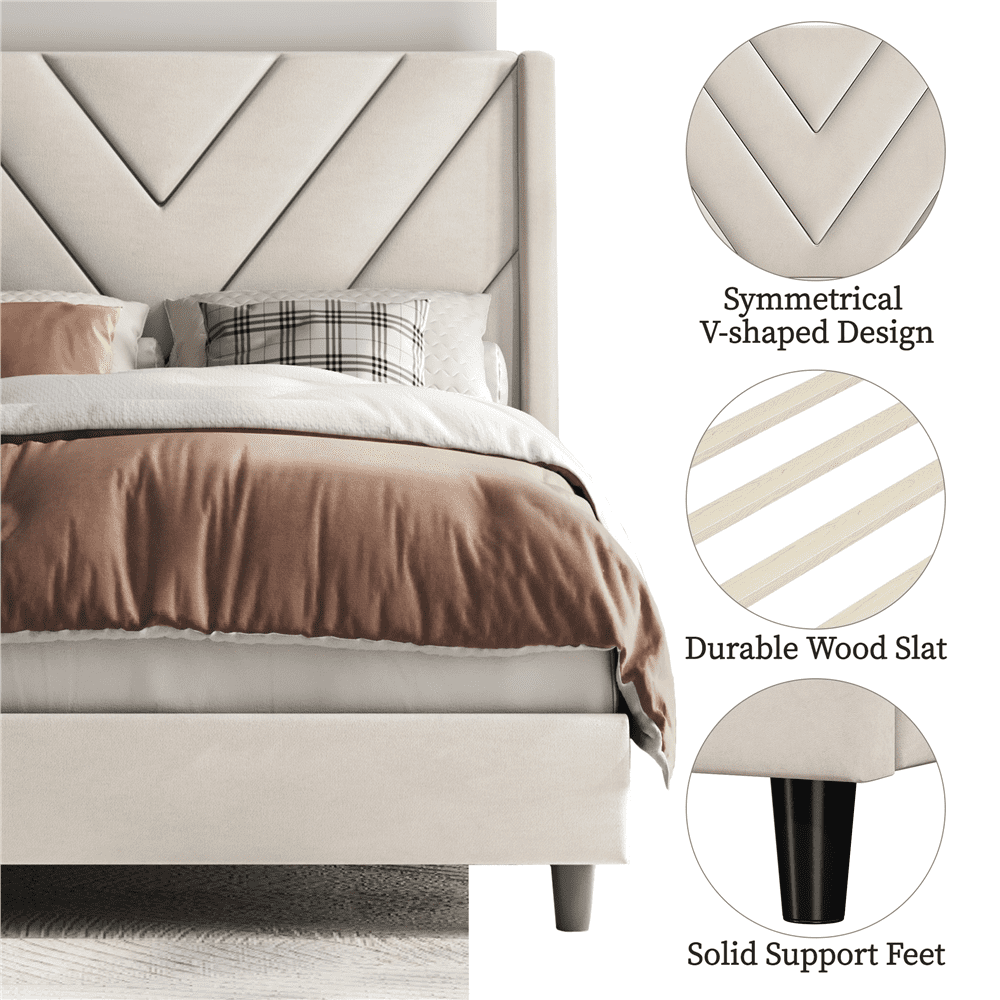 Renwick Upholstered Platform Bed with Wooden Slat Support and Tufted Headboard for Adult, Twin, Beige