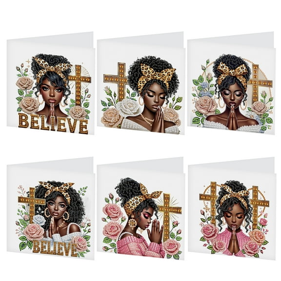 6 pcs Diamond Art Painted Greeting Card, Temperament Wave Pious Lady 5D DIY Special Shape Diamond Card Creative Gift, Christmas Thanksgiving Greeting Card Congratulation