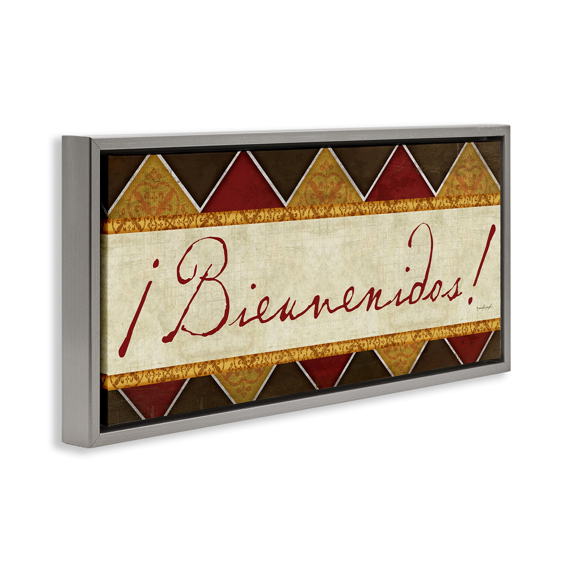Stupell Industries Bienvenidos Patrón Tradicional Signs and Rules Painting Gray Floater Framed Art Print Wall Art, 31 x 14