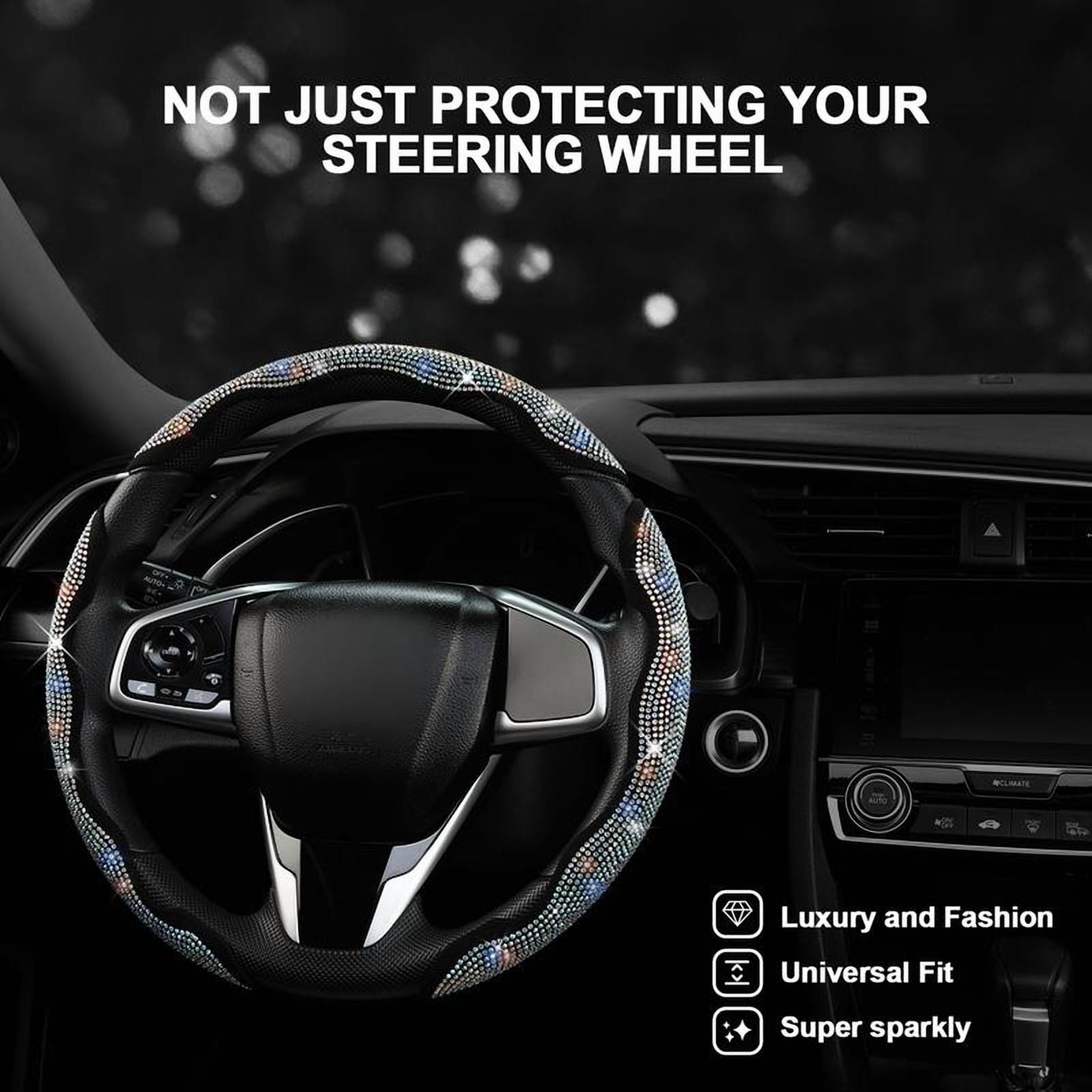Diamond-studded car steering wheel cover, inlaid with crystal rhinestones, 3-piece set of segmented steering wheel protectors, universal design, suitable for 99% of car models, especially suitable fo