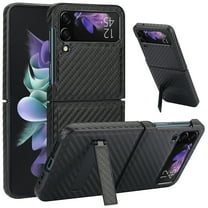 Dteck for Samsung Galaxy Z Flip 3 Case with Built-in Kickstand, Carbon Fiber Leather on Back, Hybrid Shockproof Hard Protective Cover for Galaxy Z Flip 3 5G,Black