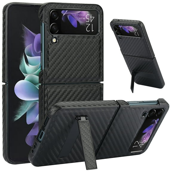 Dteck for Samsung Galaxy Z Flip 3 Case with Built-in Kickstand, Carbon Fiber Leather on Back, Hybrid Shockproof Hard Protective Cover for Galaxy Z Flip 3 5G,Black